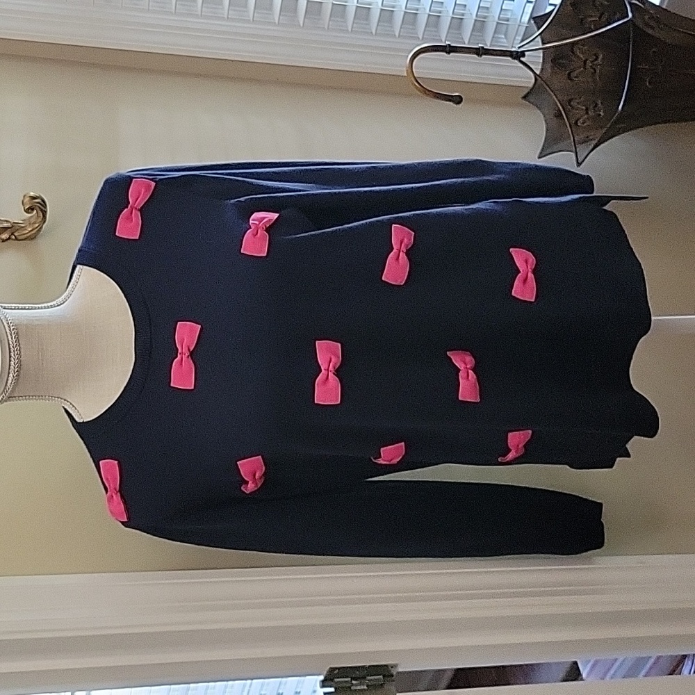 Crown & Ivy navy blue pullover sweater pink grosgrain ribbon bows long sl L EUC…
